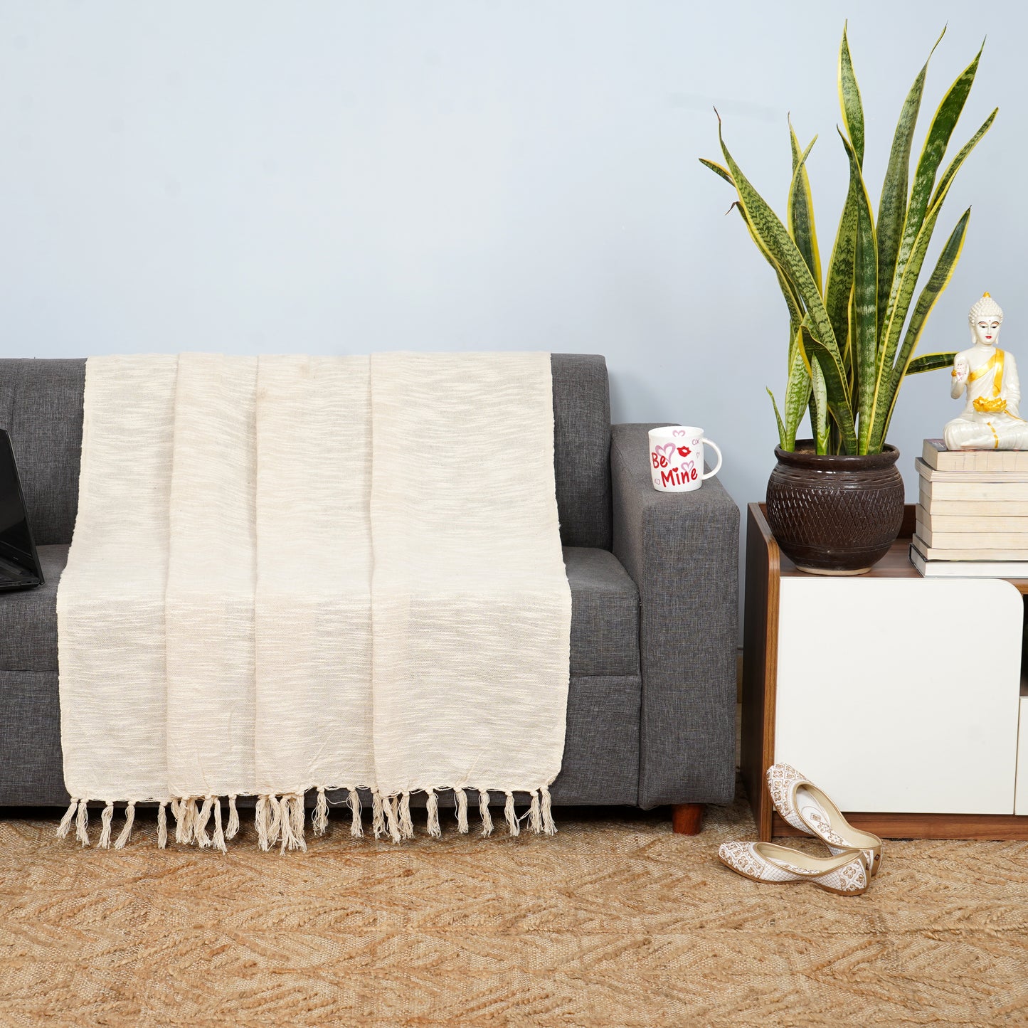 EMOLICA Luxury 100% Cotton Throw Blanket, Handwoven Cotton Sofa Throw with Tassels – Ivory