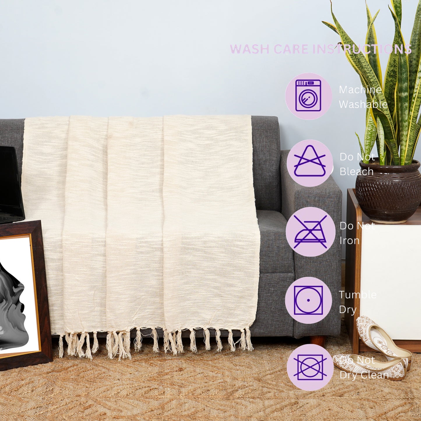 EMOLICA Luxury 100% Cotton Throw Blanket, Handwoven Cotton Sofa Throw with Tassels – Ivory