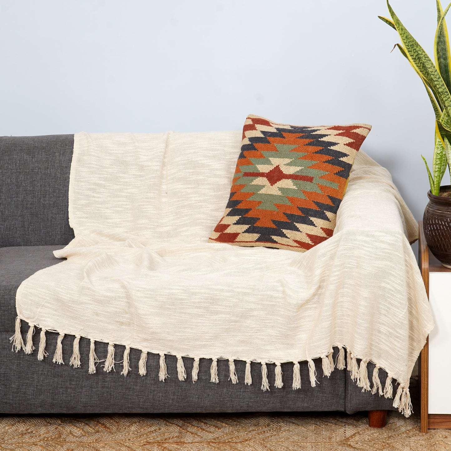 EMOLICA Luxury 100% Cotton Throw Blanket, Handwoven Cotton Sofa Throw with Tassels – Ivory