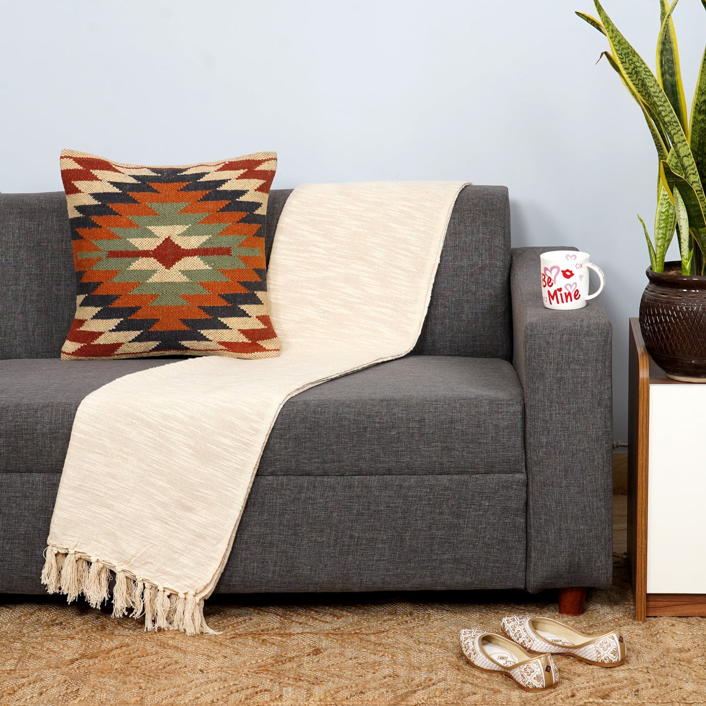 EMOLICA Luxury 100% Cotton Throw Blanket, Handwoven Cotton Sofa Throw with Tassels – Ivory