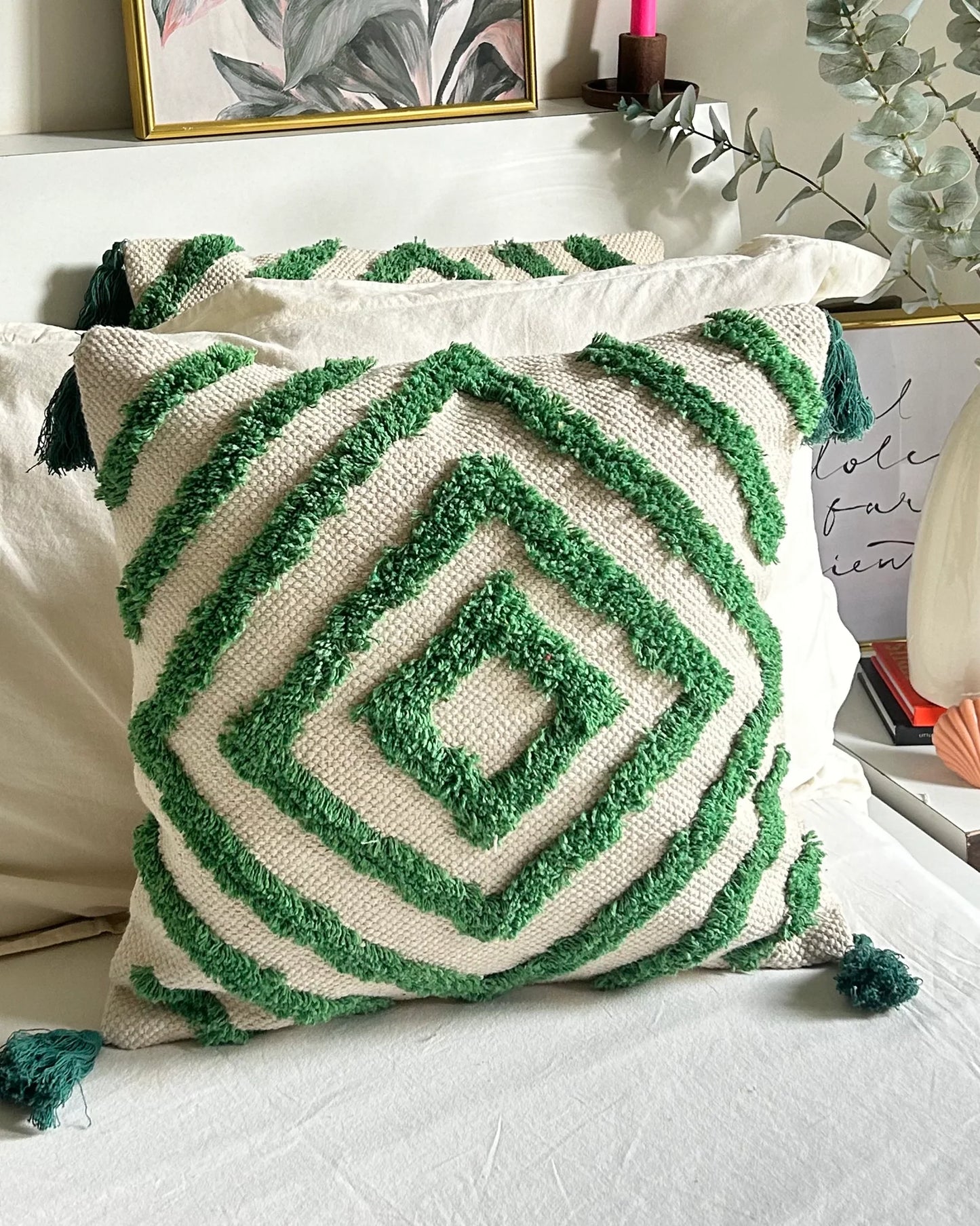 Bohemian Tufted Cushion Cover - Emerald Green & Ivory/Off White | Decorative Throw Pillow