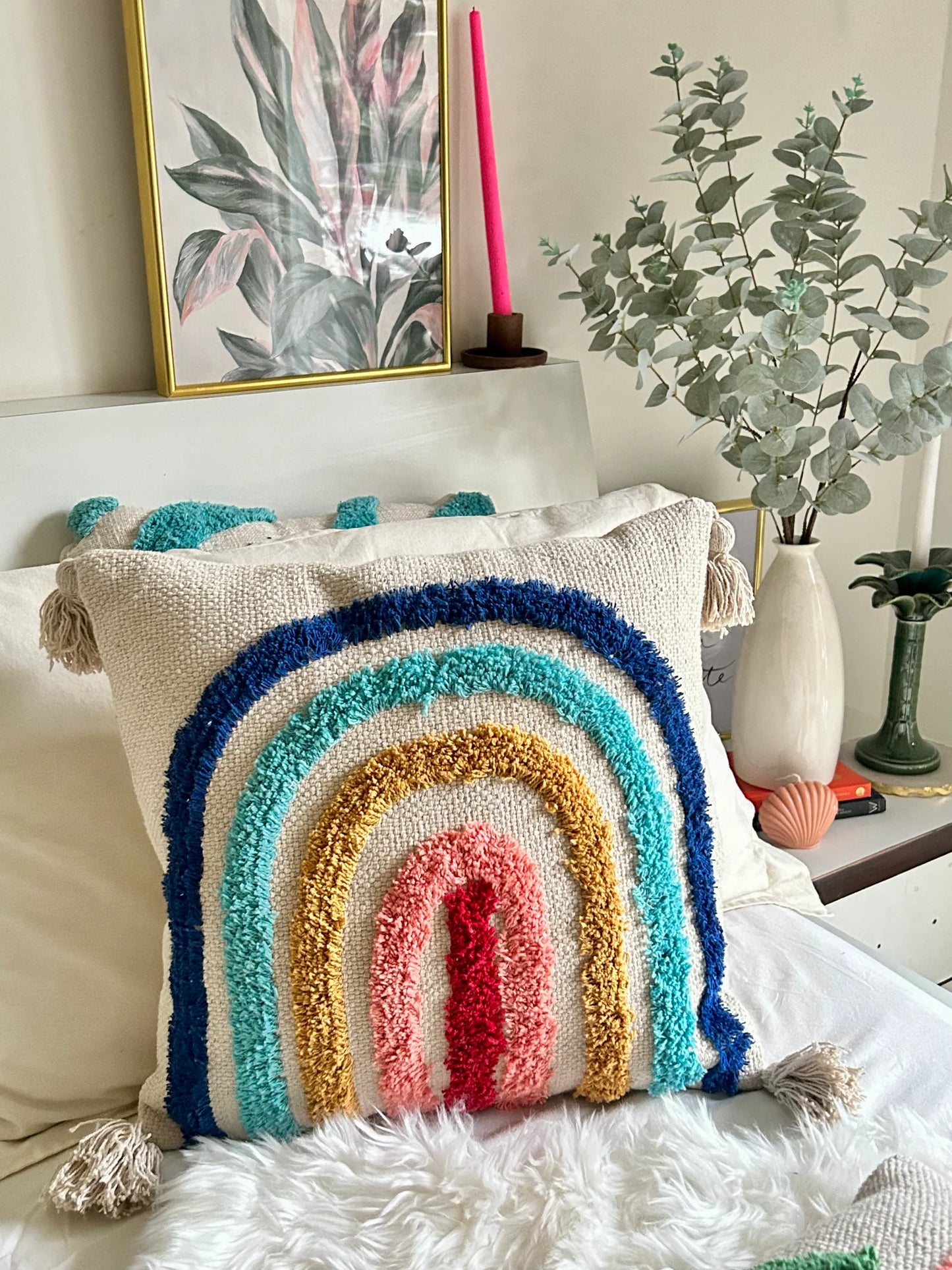 Handmade Tufted Rainbow Cushion Cover – Boho Cotton Throw Pillow with Tassels