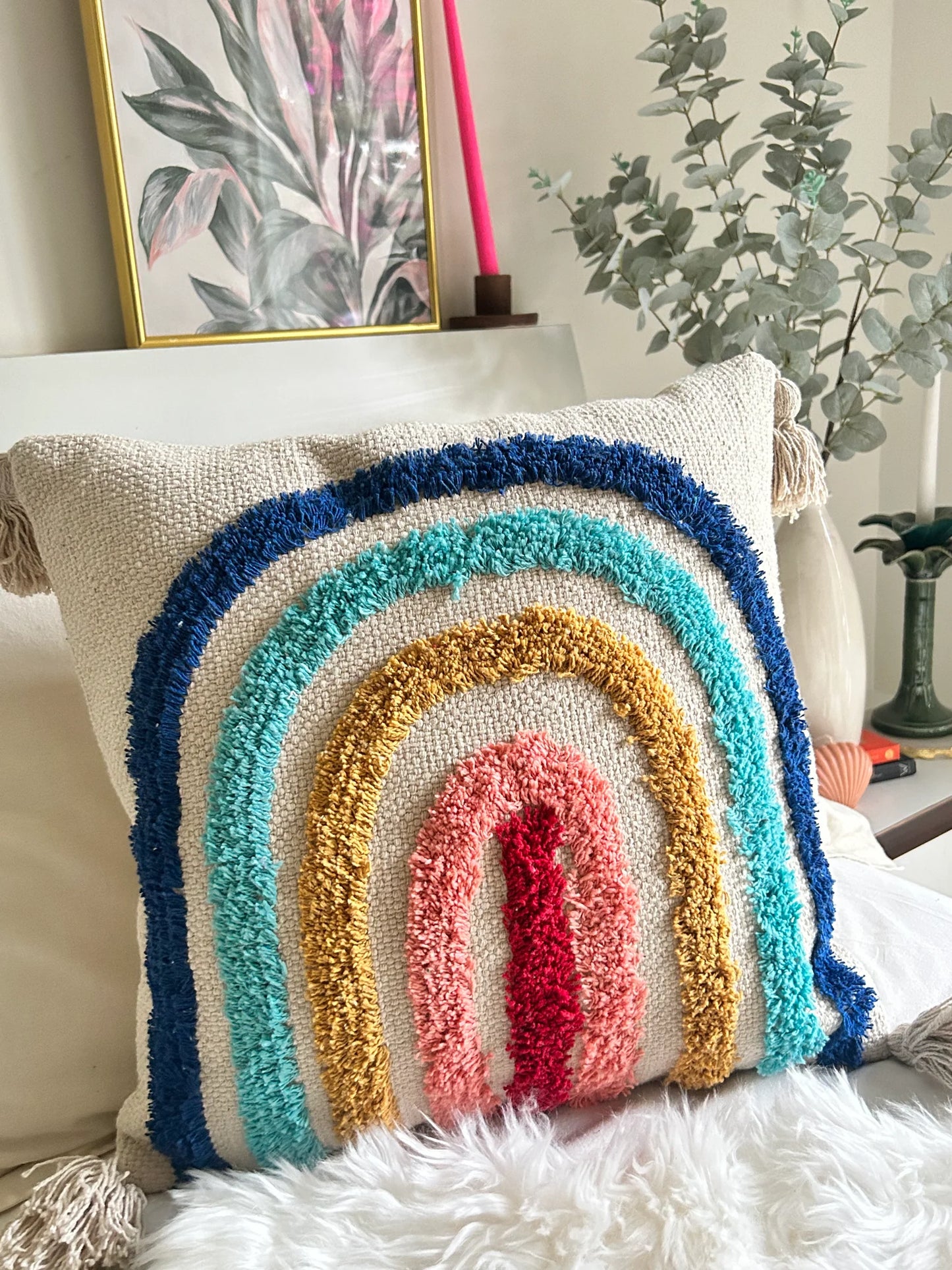 Handmade Tufted Rainbow Cushion Cover – Boho Cotton Throw Pillow with Tassels