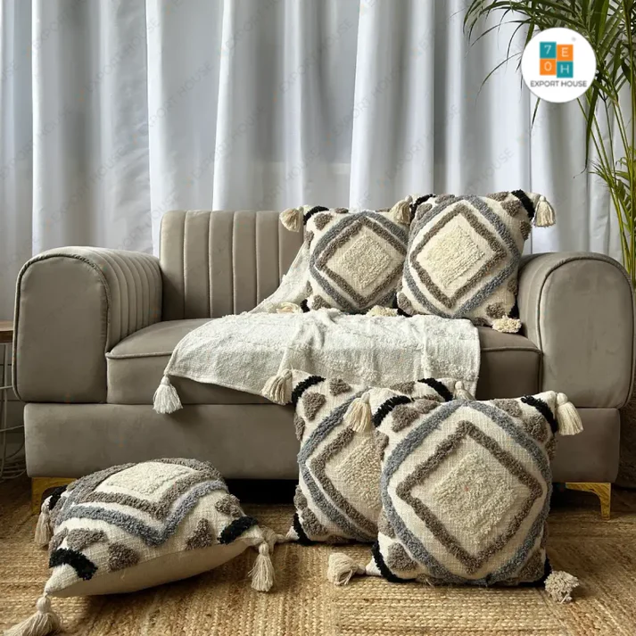 Boho Tufted Geometric Cushion Cover with Tassels – Handwoven Cotton Throw Pillow for Sofa & Living Room Décor