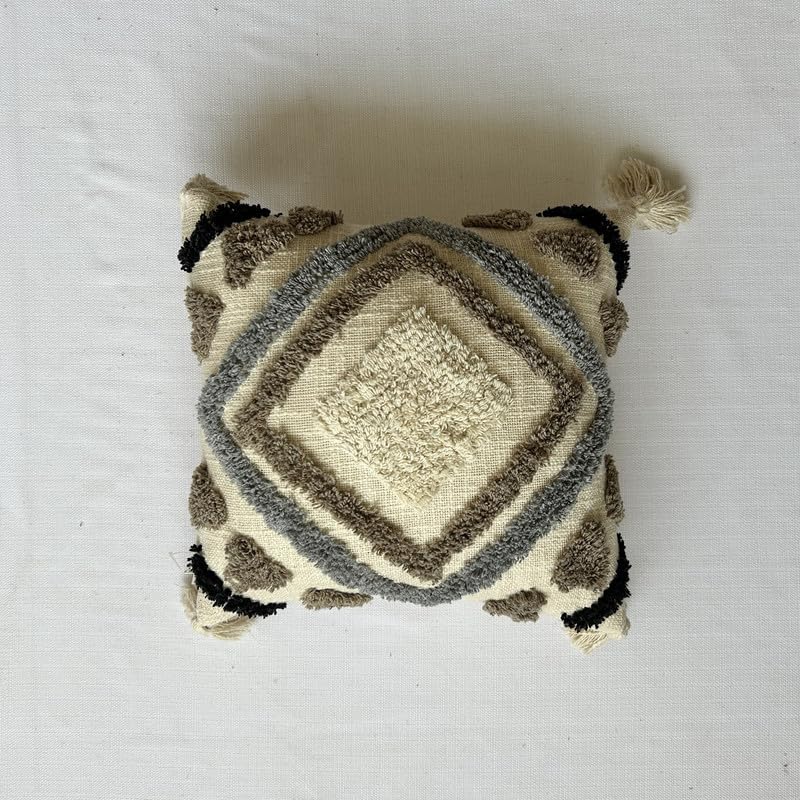 Boho Tufted Geometric Cushion Cover with Tassels – Handwoven Cotton Throw Pillow for Sofa & Living Room Décor