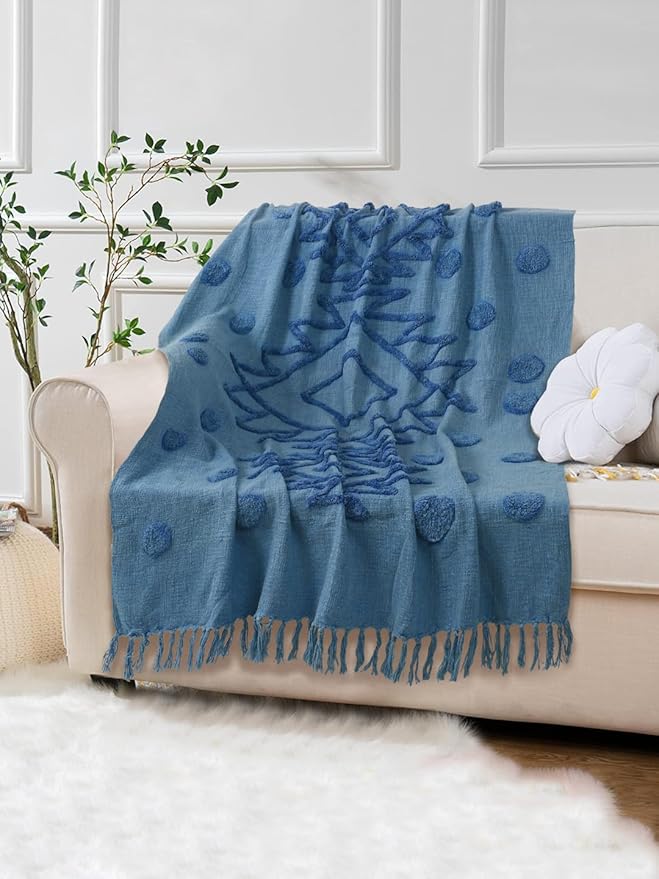 Blue Cotton Tufted Throw Blanket with Tassels – Soft Handwoven Sofa & Bed Throw