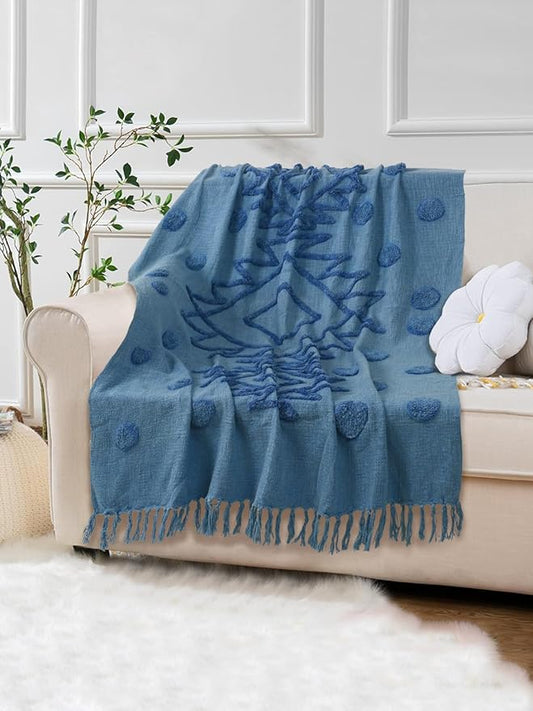 Blue Cotton Tufted Throw Blanket with Tassels – Soft Handwoven Sofa & Bed Throw