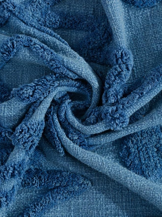 Blue Cotton Tufted Throw Blanket with Tassels – Soft Handwoven Sofa & Bed Throw
